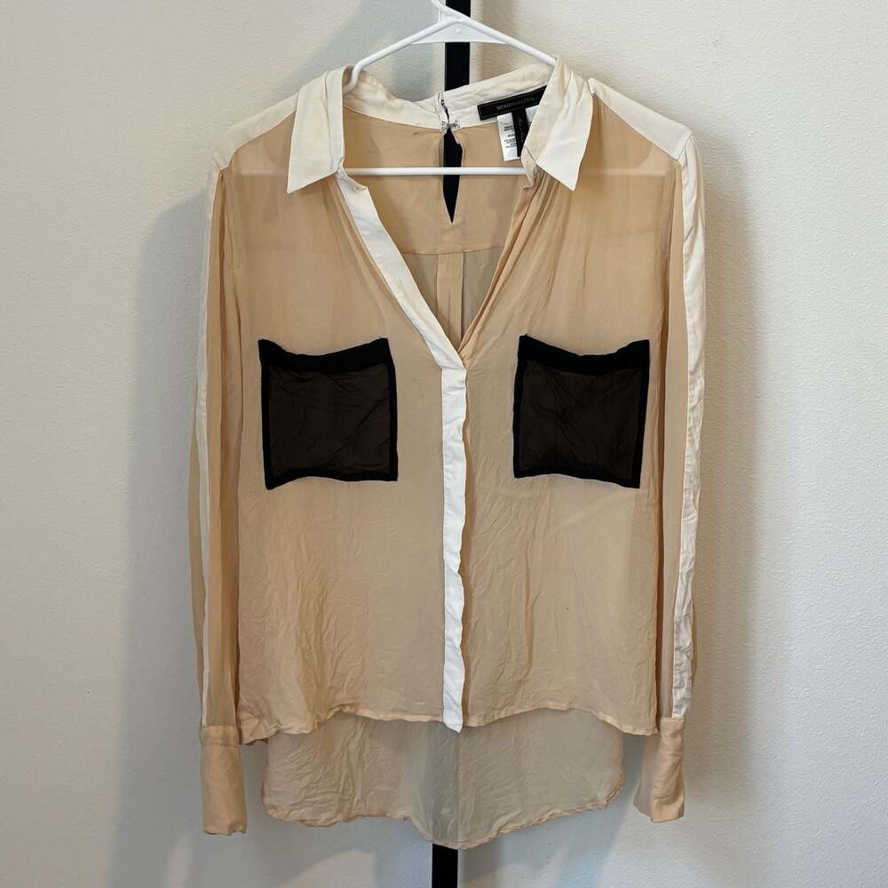 BCBGMAXAZRIA 100% Silk Colorblock Sheer High-Low Blouse with Contrast Pockets